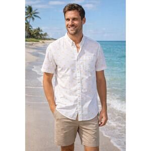 Original Penguin Sun Print Shirt L Heritage Slim Fit White Button Up Short Slv